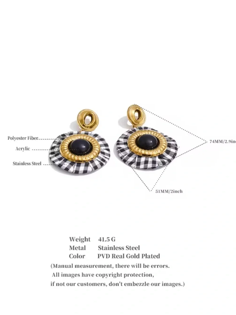 Parisian Chic Gingham Black Gold Earrings